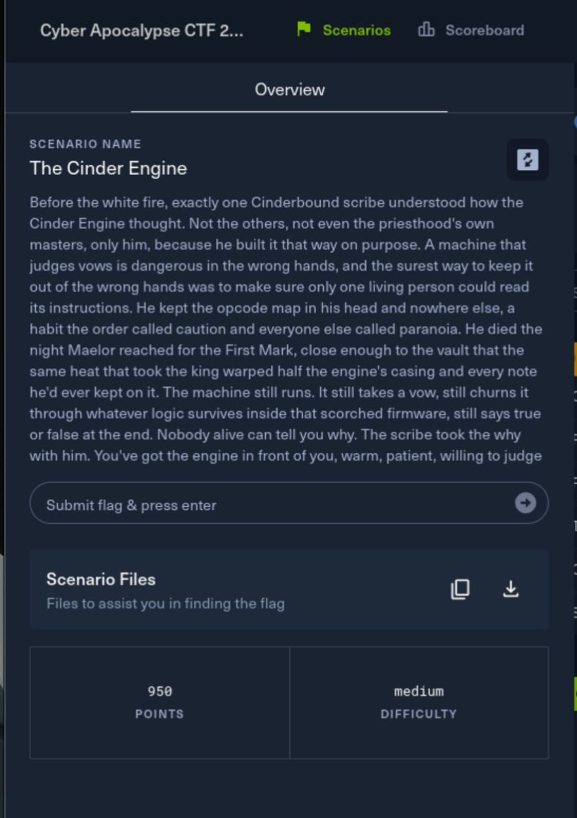 The Cinder Engine challenge overview on Hack The Box